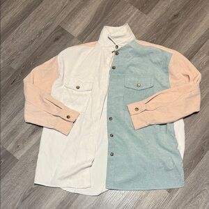 She + Sky Colorblock Varsity Jacket in Cream, Pink, and Blue